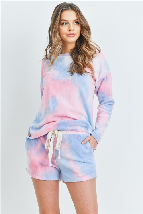 S11-13-1-PPP4009-LTBLPK - TOP AND SHORTS TIE DYE SET WITH SELF TIE- LIGHT BLUE/PINK 1-2-2-2