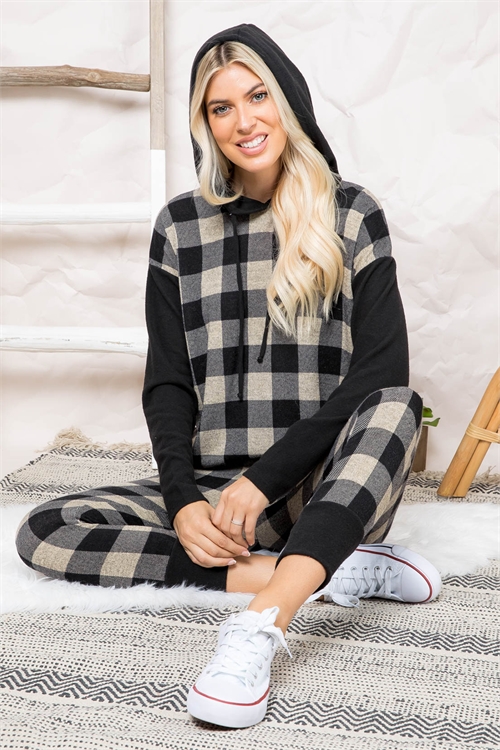 S8-13-1-PPP40112-OTMBK - LONG SLEEVE SELF TIE HOODIE AND JOGGER PLAID SET- OATMEAL-BLACK/BLACK-BLACK 1-2-2-2