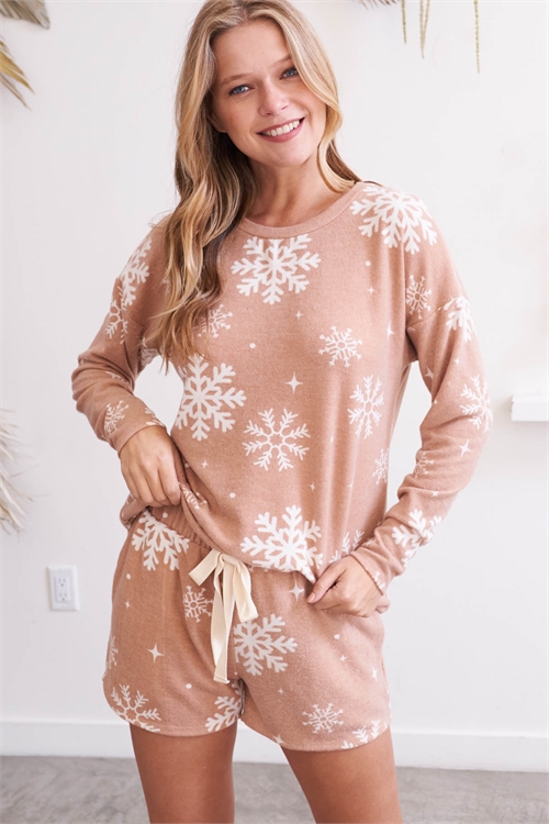 S12-8-4-PPP40122-TP-2 - SNOWFLAKES PRINT TOP AND SHORTS SET WITH SELF TIE- TAUPE 0-3-2-2