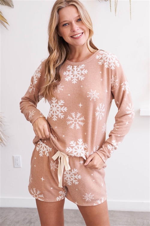 S14-12-2-PPP40122-TP-3 - SNOWFLAKES PRINT TOP AND SHORTS SET WITH SELF TIE- TAUPE 0-3-1-3