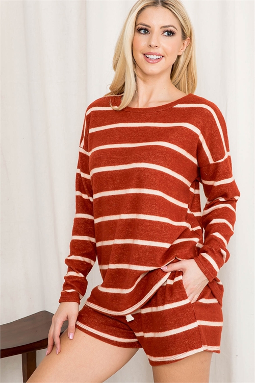 S11-13-2-PPP40124-RUWT - STRIPE LONG SLEEVE TOP AND SHORTS SET WITH SELF TIE- RUST-WHITE 1-2-2-2