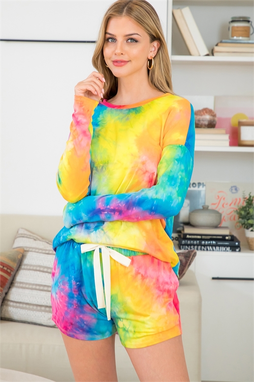 S8-1-2-PPP40129-TQHTPKBYLW - TIE DYE LONG SLEEVE TOP AND SHORT SET- TURQUOISE/HOT PINK/B. YELLOW 1-2-2-2 (NOW $12.75 ONLY!)
