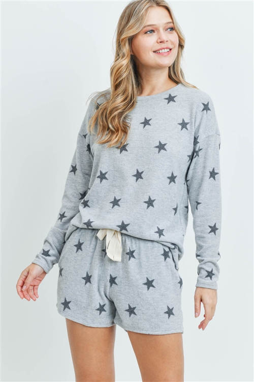 S13-2-4-PPP4013-HG - LONG SLEEVES TOP AND SHORT SET STAR PRINT WITH SELF TIE- HEATHER GREY 1-2-2-2