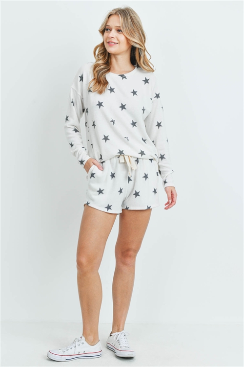 S13-2-4-PPP4013-IVBK - LONG SLEEVES TOP AND SHORT SET STAR PRINT WITH SELF TIE- IVORY/BLACK 1-2-2-2