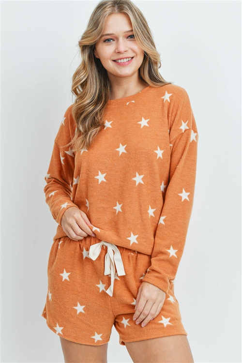 S14-1-3-PPP4013-TRCT - LONG SLEEVES TOP AND SHORT SET STAR PRINT WITH SELF TIE- TERRACOTA 1-2-2-2