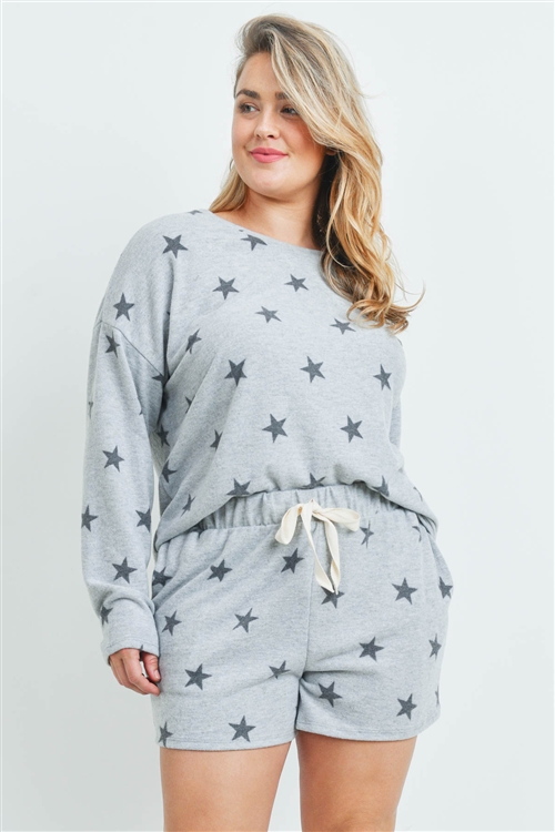 S15-10-4-PPP4013X-HG-1 - LONG SLEEVES TOP AND SHORT PLUS SIZE SET STAR PRINT WITH SELF TIE- HEATHER GREY 3-1-1