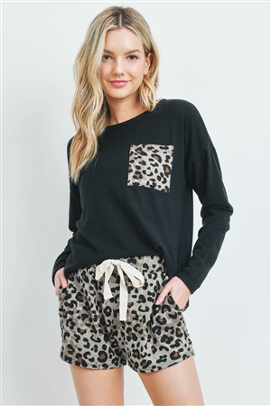 S9-11-2-PPP4014-BKTP - SELF TIE LONG SLEEVES SOLID TOP LEOPARD POCKET AND SHORT SET- BLACK/TAUPE 1-2-2-2