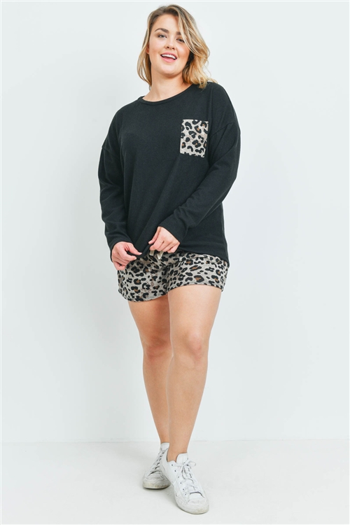 S9-3-4-PPP4014X-BKTP - PLUS SIZE SELF TIE LONG SLEEVES SOLID TOP LEOPARD POCKET AND SHORT SET- BLACK/TAUPE 3-2-1 (NOW $9.75 ONLY!)