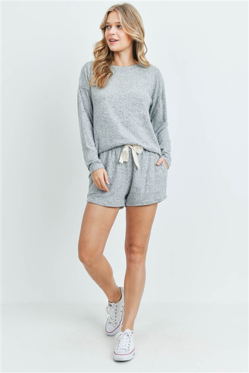 S10-17-4-PPP4018-HG - BRUSHED HACCI  TOP AND SHORTS SET WITH SELF TIE- HEATHER GREY 1-2-2-2