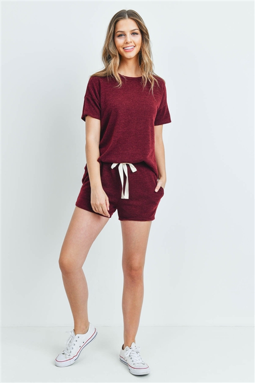 S15-10-2-PPP4021-BU-1 - SOLID MIRR TOP AND SHORTS SET WITH SELF TIE- BURGUNDY 1-2-2