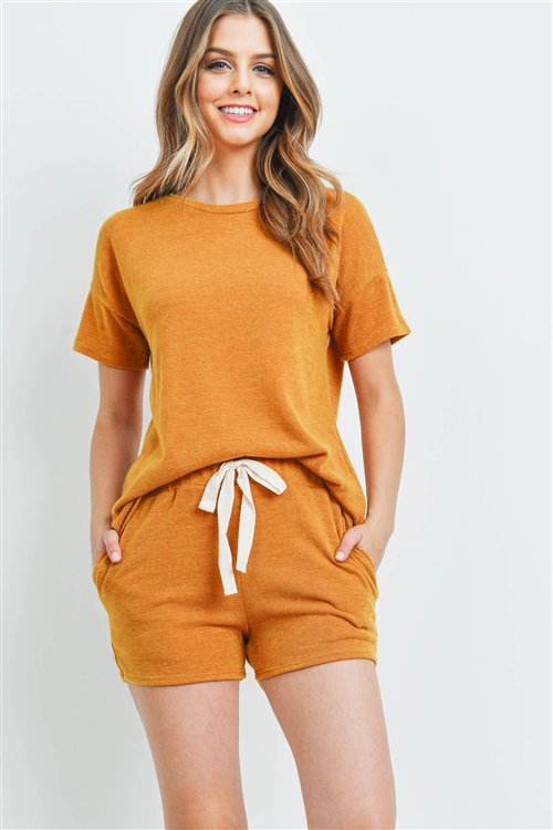 S15-10-2-PPP4021-MU-1 - SOLID MIRR TOP AND SHORTS SET WITH SELF TIE- MUSTARD 2-1-2