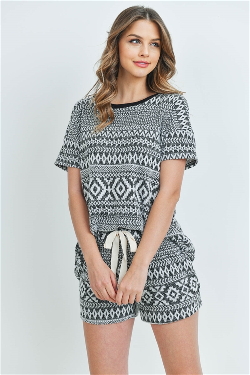 S15-7-4-PPP4022-BKWTBK-1 - AZTEC TOP AND SHORTS SET WITH SELF TIE- BLACK/WHITE/BLACK 2-2-2