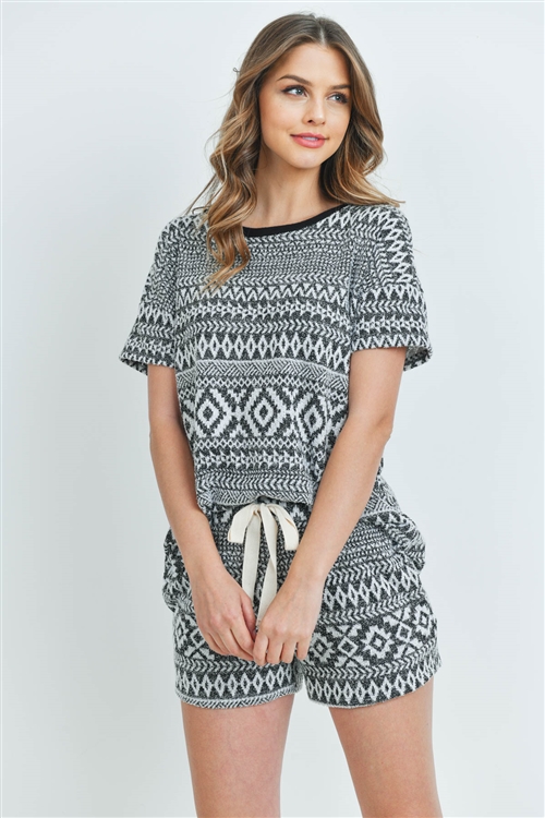 S9-10-2-PPP4022-BKWTBK - AZTEC TOP AND SHORTS SET WITH SELF TIE- BLACK/WHITE/BLACK 1-2-2-2