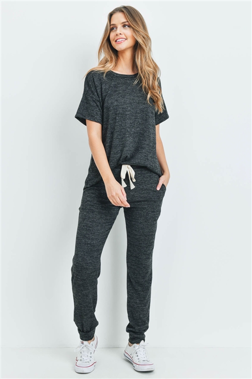 S6-3-2-PPP4024-CHL - TWO TONED SHORT SLEEVES TOP AND JOGGERS SET WITH SELF TIE- CHARCOAL 1-2-2-2