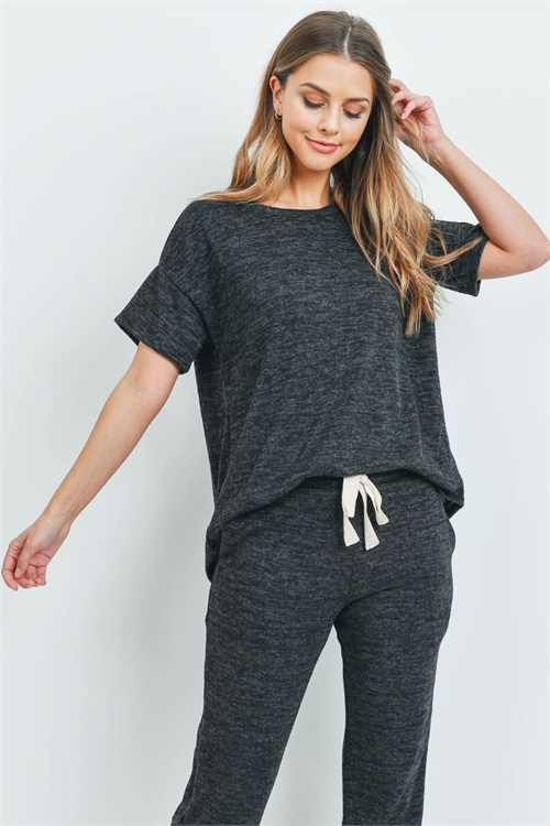 BLK7-3-PPP4024-CHL-A - TWO TONED SHORT SLEEVES TOP AND JOGGERS SET WITH SELF TIE- CHARCOAL  3-0-0-0