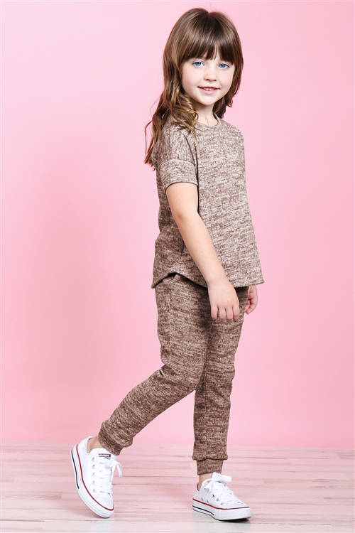 S14-2-3-PPP4024T-MC -KIDS GIRLS TWO TONED SHORT SLEEVES TOP AND JOGGERS SET WITH SELF TIE-MOCHA 2-2-2-2