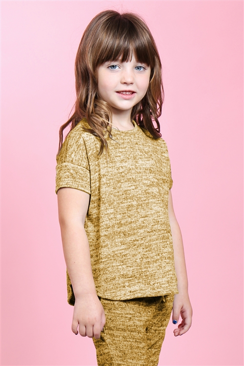 S14-1-2-PPP4024T-MU - KIDS GIRLS TWO TONED SHORT SLEEVES TOP AND JOGGERS SET WITH SELF TIE- MUSTARD 2-1-1-2