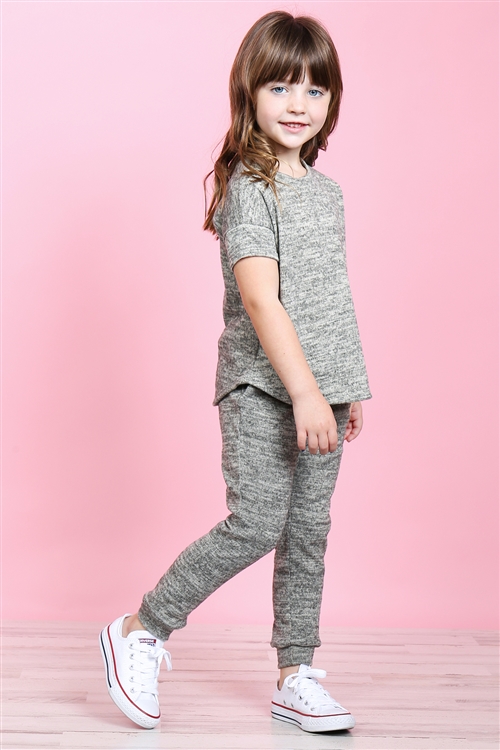 S10-15-2-PPP4024T-OTM - KIDS GIRLS TWO TONED SHORT SLEEVES TOP AND JOGGERS SET WITH SELF TIE- OATMEAL 1-1-0-1