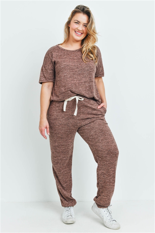 S15-10-2-PPP4024X-MC-1 - PLUS SIZE TWO TONED SHORT SLEEVES TOP AND JOGGERS SET WITH SELF TIE- MOCHA 2-2-1