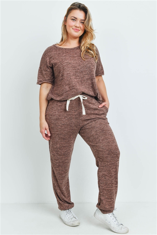 S11-16-3-PPP4024X-MC - PLUS SIZE TWO TONED SHORT SLEEVES TOP AND JOGGERS SET WITH SELF TIE- MOCHA 3-2-1