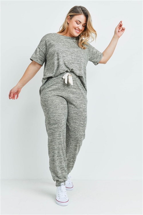 S15-10-2-PPP4024X-OTM-1 - PLUS SIZE TWO TONED SHORT SLEEVES TOP AND JOGGERS SET WITH SELF TIE- OATMEAL 3-1-1