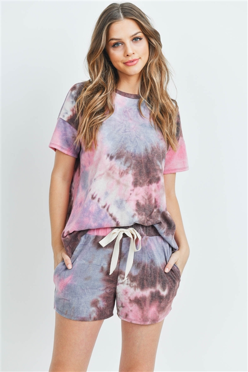 S11-12-4-PPP4026-BWNBL - TIE DYE SHORT SLEEVES TOP AND SHORTS SET WITH SELF TIE- BROWN/BLUE 1-2-2-2