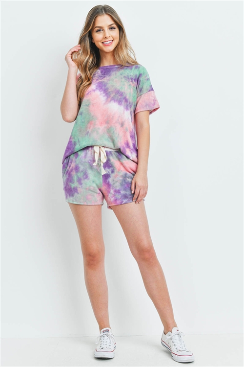S15-11-5-PPP4026-PPLPK-1 - TIE DYE SHORT SLEEVES TOP AND SHORTS SET WITH SELF TIE- PURPLE/PINK 2-1-2
