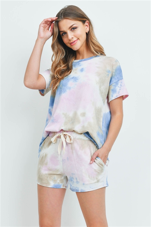 S9-9-1-PPP4027-LVDTPBL - SHORT SLEEVES TIE DYE TOP AND SHORTS SET WITH SELF TIE- LAVENDER/TAUPE/BLUE 1-2-2-2