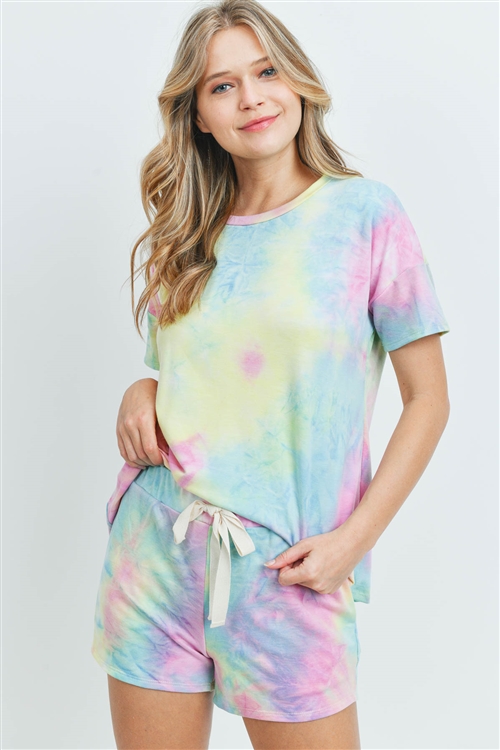 S15-7-4-PPP4027-YWJDPK-1 - SHORT SLEEVES TIE DYE TOP AND SHORTS SET WITH SELF TIE- YELLOW/JADE/PINK 2-2