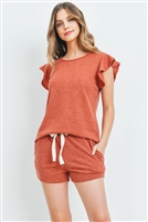 SA4-4-2-PPP4028-RST - RUFFLE SHORT SLEEVES TOP AND SHORTS SET WITH SELF TIE- RUST 1-2-2-2