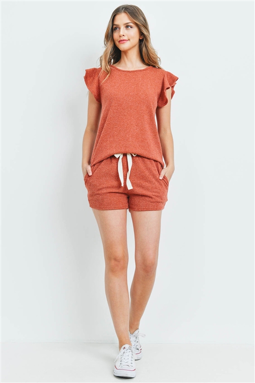 S15-8-2-PPP4028-RST-1 - RUFFLE SHORT SLEEVES TOP AND SHORTS SET WITH SELF TIE- RUST 2-2-2