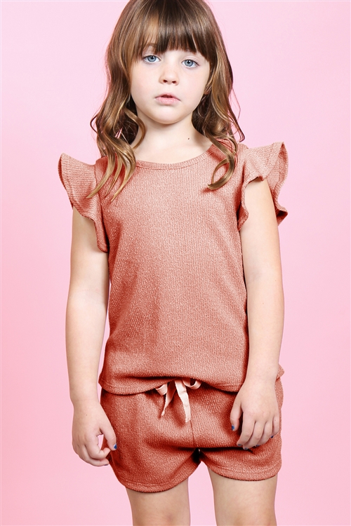 S12-9-4-PPP4028T-RST - KIDS GIRLS RUFFLE SHORT SLEEVES TOP AND SHORTS SET WITH SELF TIE- RUST 2-2-2-2