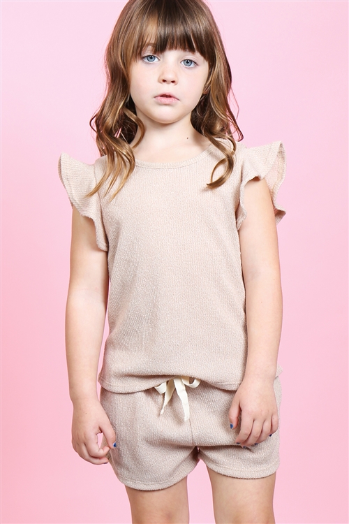 S10-16-2-PPP4028T-TP-1 - KIDS GIRLS RUFFLE SHORT SLEEVES TOP AND SHORTS SET WITH SELF TIE- TAUPE 2-1-1-2
