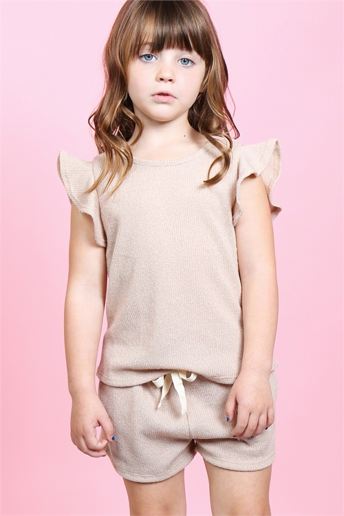 S12-9-4-PPP4028T-TP - KIDS GIRLS RUFFLE SHORT SLEEVES TOP AND SHORTS SET WITH SELF TIE- TAUPE 2-2-2-2