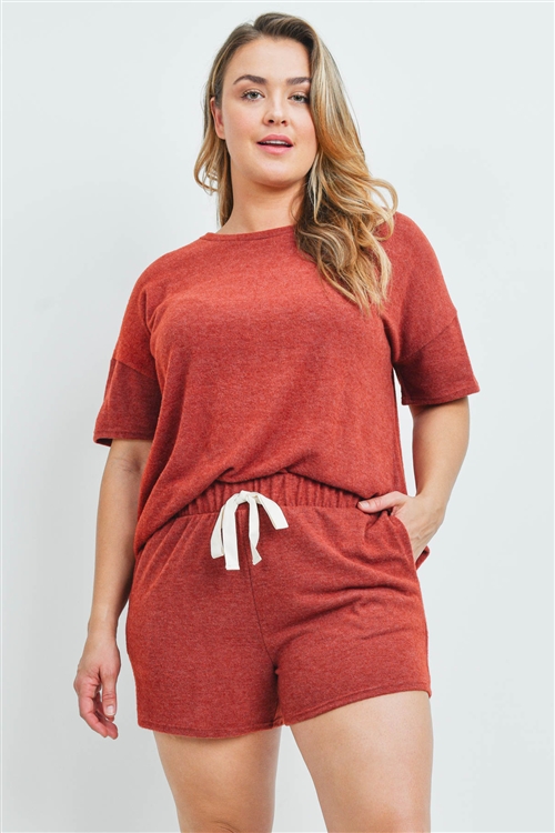 S13-9-1-PPP4029X-BRK - PLUS SIZE SOLID TOP AND SHORTS SET WITH SELF TIE- BRICK 3-2-1