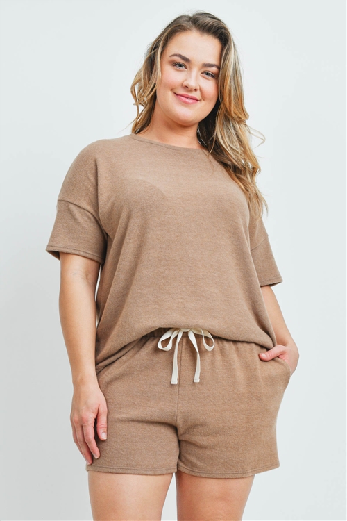 S13-9-4-PPP4029X-MC - PLUS SIZE SOLID TOP AND SHORTS SET WITH SELF TIE- MOCHA 3-2-1