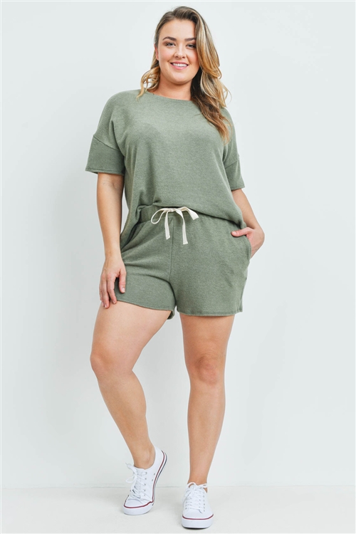 S13-8-3-PPP4029X-OV - PLUS SIZE SOLID TOP AND SHORTS SET WITH SELF TIE- OLIVE 3-2-1