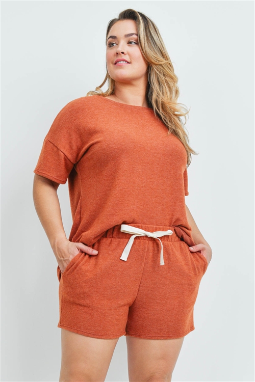 S15-7-3-PPP4029X-RST-1 - PLUS SIZE SOLID TOP AND SHORTS SET WITH SELF TIE- RUST 2-2-1