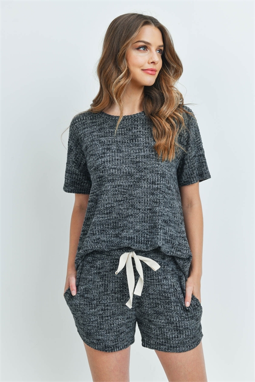 S10-16-1-PPP4030-BKCHB-1 - WAFFLE TOP AND SHORTS SET WITH SELF TIE- BLACK CHAMBRAY 0-1-1-2