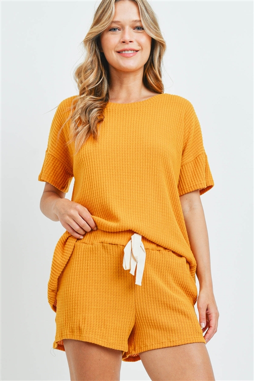 S10-16-1-PPP4030-MU-1 - WAFFLE TOP AND SHORTS SET WITH SELF TIE- MUSTARD 0-2-2-2