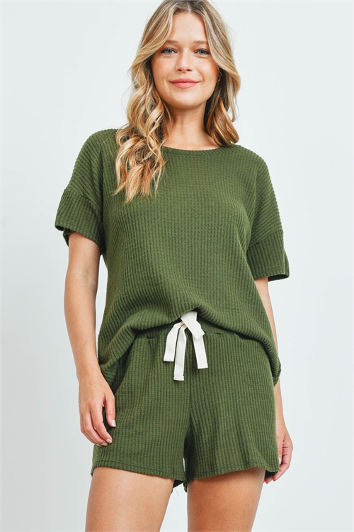 SA3-4-3-PPP4030-OV - WAFFLE TOP AND SHORTS SET WITH SELF TIE- OLIVE 1-2-2-2