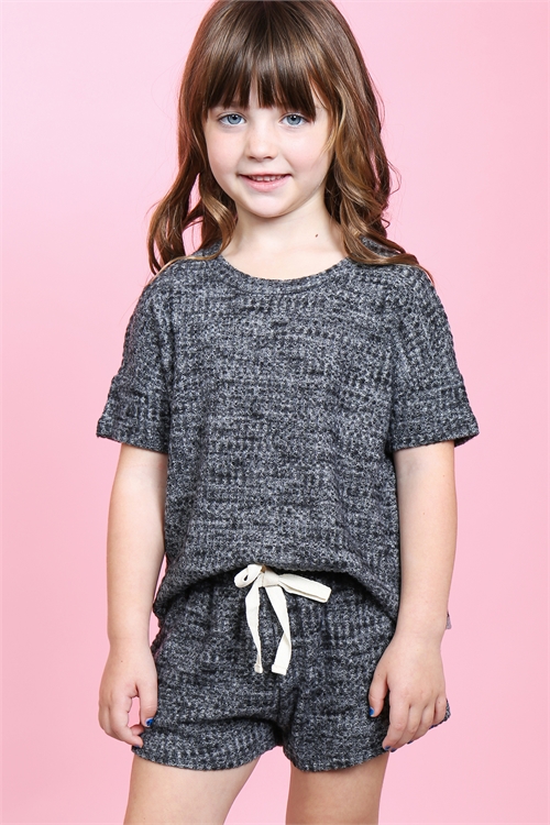 SA4-6-3-PPP4030T-BKCHB-1 - KIDS GIRLS WAFFLE TOP AND SHORTS SET WITH SELF TIE- BLACK CHAMBRAY 2-2-1-2