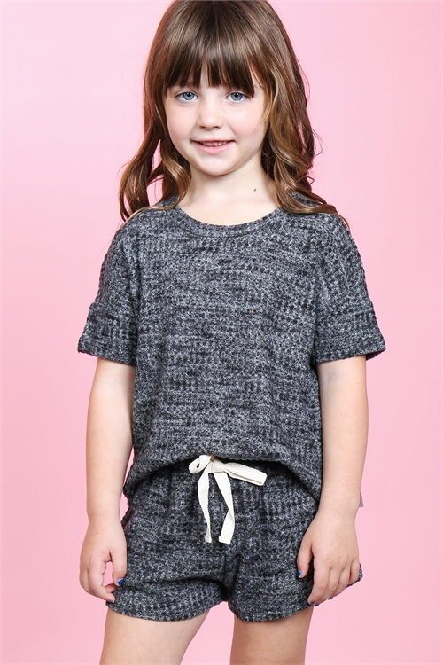 S13-5-2-PPP4030T-BKCHB - KIDS GIRLS WAFFLE TOP AND SHORTS SET WITH SELF TIE- BLACK CHAMBRAY 2-2-2-2