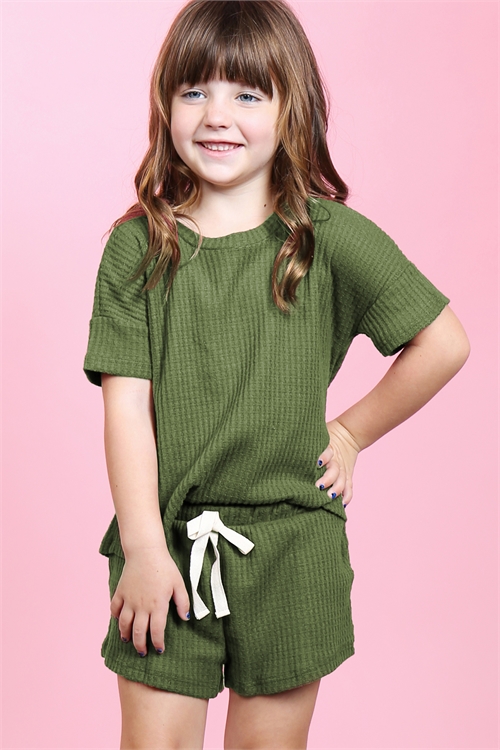 OS-PPP4030T-OV - KIDS GIRLS WAFFLE TOP AND SHORTS SET WITH SELF TIE- OLIVE (Out of Stock; No More Incoming)