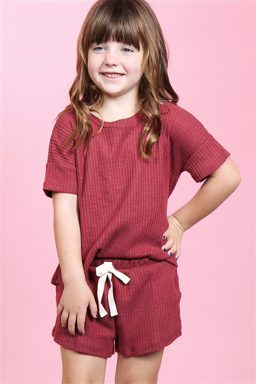 SA4-6-3-PPP4030T-RBCHB-1 - KIDS GIRLS WAFFLE TOP AND SHORTS SET WITH SELF TIE- RUBY CHAMBRAY 2-2-1-2