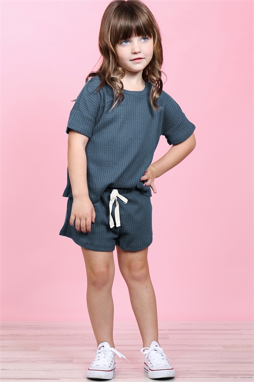 OS-PPP4030T-TLDNM - KIDS GIRLS WAFFLE TOP AND SHORTS SET WITH SELF TIE- TEAL DENIM (Out of Stock; No More Incoming)