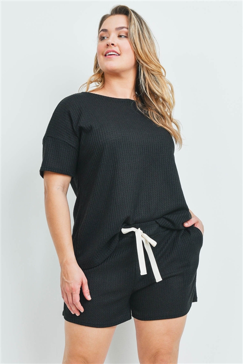 S10-4-3-PPP4030X-BK - PLUS SIZE WAFFLE TOP AND SHORTS SET WITH SELF TIE- BLACK 3-2-1