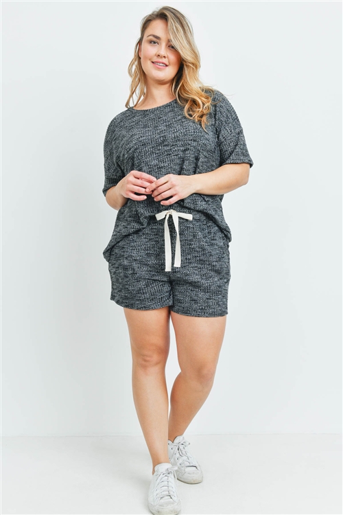 S15-12-2-PPP4030X-BKCHB-1 - PLUS SIZE WAFFLE TOP AND SHORTS SET WITH SELF TIE- BLACK CHAMBRAY 1-2-1