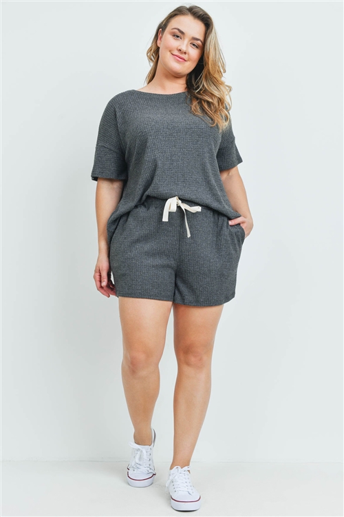 S15-2-2-PPP4030X-CHL2T-1 - PLUS SIZE WAFFLE TOP AND SHORTS SET WITH SELF TIE- CHARCOAL 2TONE 2-2