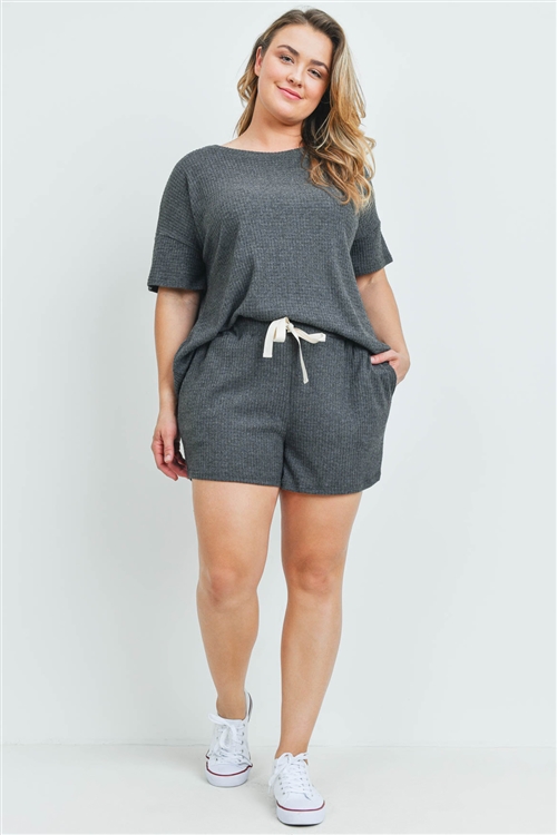 S10-6-3-PPP4030X-CHL2T - PLUS SIZE WAFFLE TOP AND SHORTS SET WITH SELF TIE- CHARCOAL 2TONE 3-2-1